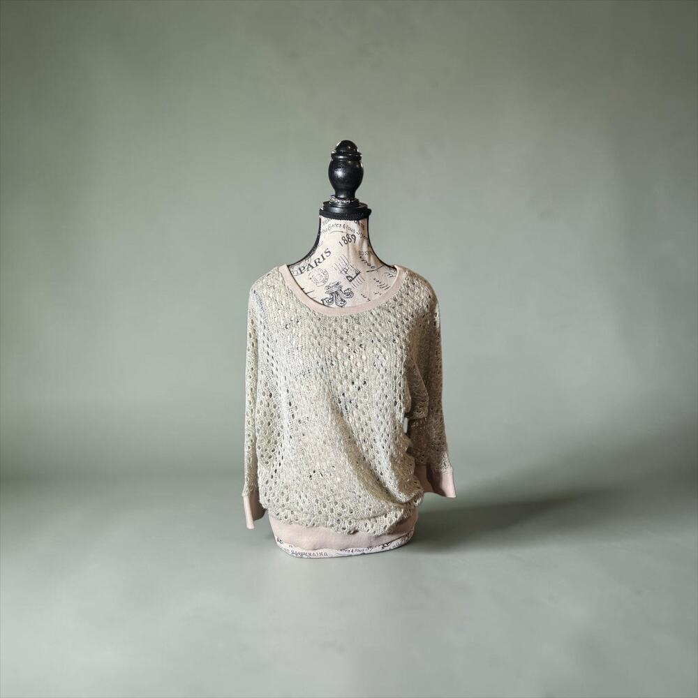 KUT from the Kloth Open Knit Crochet Pullover Sweater Tan Green Size M